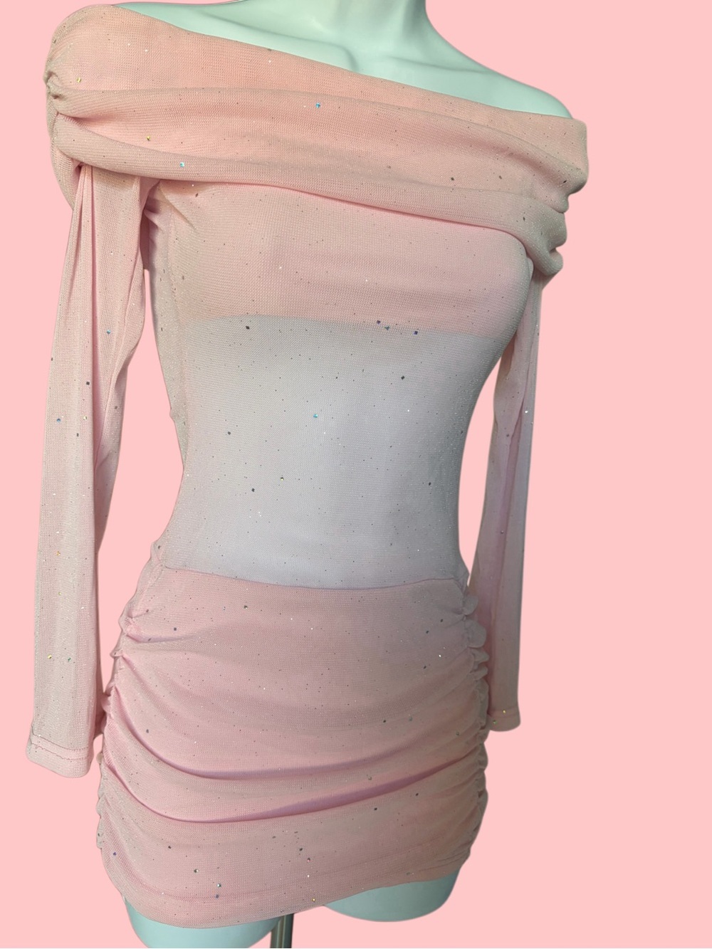 Off-Shoulder Pink Sparkle Bodycon Dress
